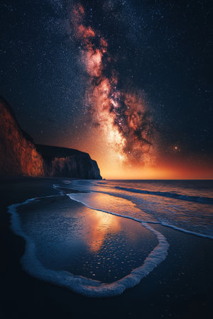 Milky Way over the sea at sunset. Long exposure photograph.の素材
