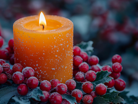 Christmas candle with red berries covered with hoarfrost and snow.の素材