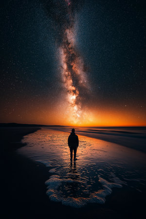 Man looking at the milky way over the sea in the eveningの素材