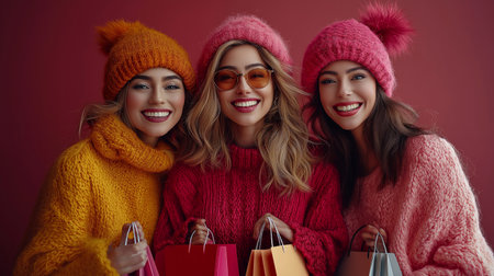 happy young women in hats and scarves with shopping bags on redの素材
