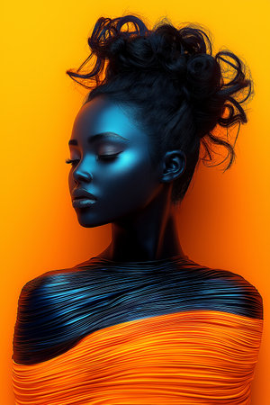 Fashion portrait of a beautiful young woman with black hair. Orange color.の素材