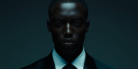Portrait of a young african american man in black suit on dark backgroundの素材
