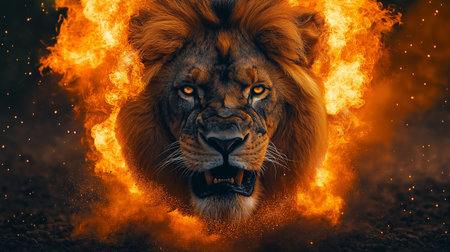 Lion in the fire on a dark background. 3d renderingの素材