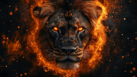 Portrait of a lion with fire flames on a black background.の素材