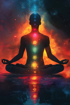 Man meditating in lotus pose on fire background with chakra symbolsの素材