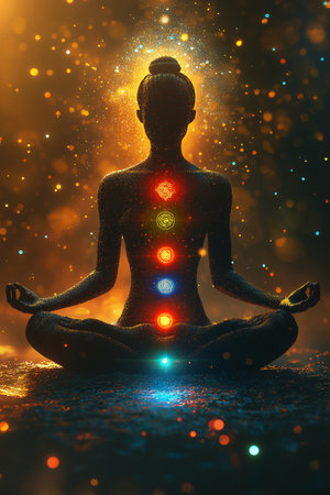 Woman meditating in lotus pose with colorful lights on background.の素材
