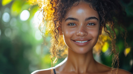 Closeup portrait of beautiful young african american woman with curly hairの素材
