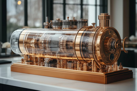 Close-up of a retro gas turbine on a white table. 3d renderingの素材