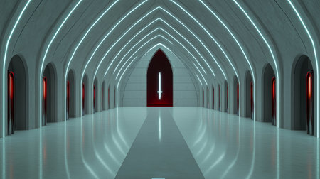 Futuristic corridor with glowing lights. 3D rendering. Computer digital drawing.の素材