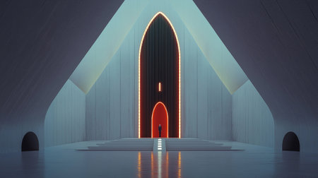 3D rendering of an open door with a red light in the middleの素材