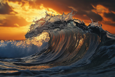 Ocean wave with splashes at sunset. 3d render illustration.の素材