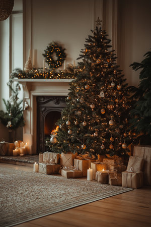 Christmas tree with presents in the living room with fireplace and christmas treeの素材