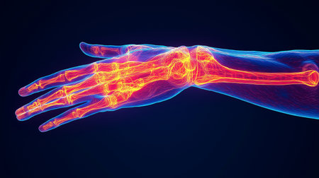 Human hand with glowing blood vessels on dark background. 3D renderingの素材