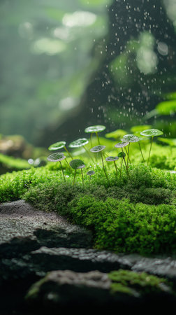 Moss and water droplets in the rainforest, Thailand.の素材