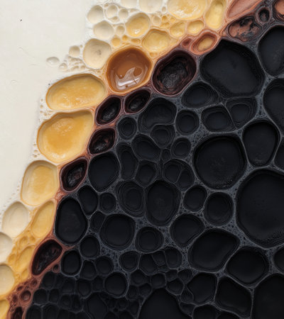 Abstract background of black and yellow circles on a white sheet of paperの素材