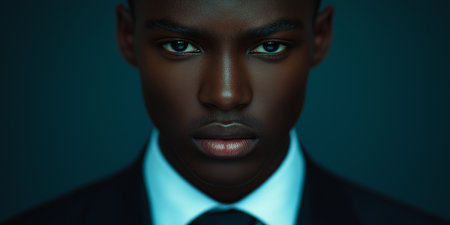 Portrait of a young african-american businessman on a dark backgroundの素材