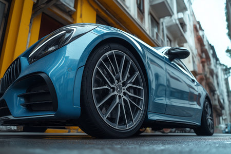 Close-up of a blue sports car parked on the street.の素材