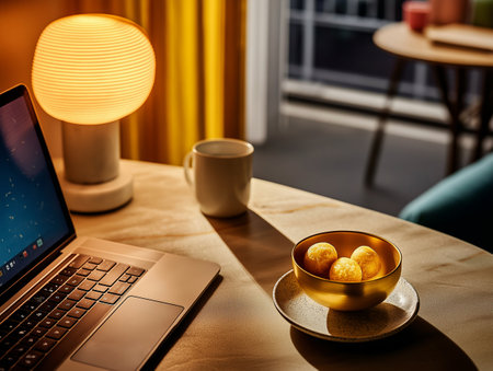 Laptop and cup of coffee on a wooden table in the interiorの素材