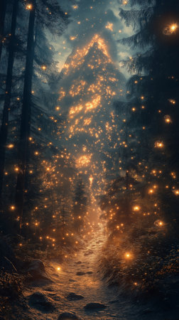 Mysterious dark winter forest with glowing stars. 3D Renderingの素材