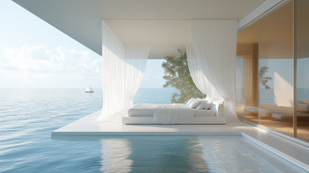 3D rendering of a white modern bedroom with a view of the seaの素材