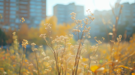 Beautiful autumn landscape with yellow grass and skyscrapers in the backgroundの素材