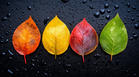 Three colorful autumn leaves with water drops on black background. Top viewの素材