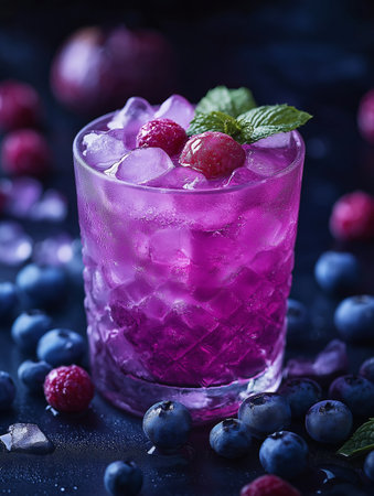 Refreshing summer drink with blueberries and raspberries, selective focusの素材