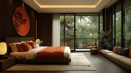 3d rendering luxury bedroom suite in hotel with tropical garden view in backgroundの素材