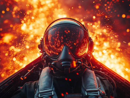Close-up of a man in a spacesuit on the background of fireの素材