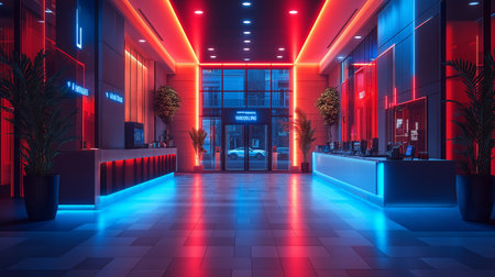 Interior of a modern office building with neon lights. 3D renderingの素材