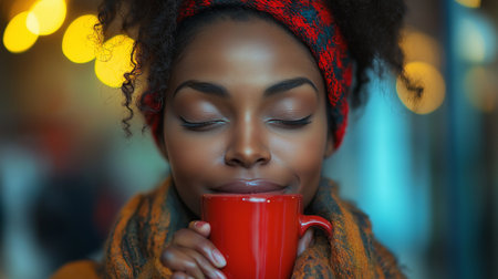 Close up portrait of a beautiful african american woman with cup of coffeeの素材