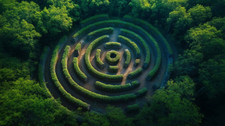 Aerial view of a labyrinth in the forest. Top view.の素材