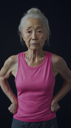 Portrait of an old woman in sportswear posing on a black backgroundの素材