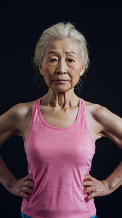 Portrait of senior asian woman in sportswear on black backgroundの素材
