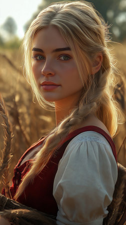 Portrait of a beautiful blonde girl in a wheat field at sunsetの素材