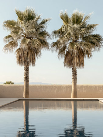 palm trees on the background of a swimming pool in the desertの素材