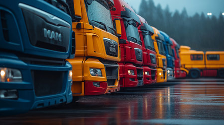 Trucks in a row on a wet road during the nightの素材