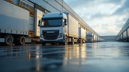 Truck with container in the warehouse. 3d rendering and illustration.の素材