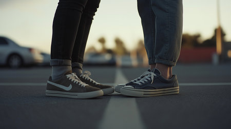 Feet of a man and a woman in sneakers on the background of the cityの素材