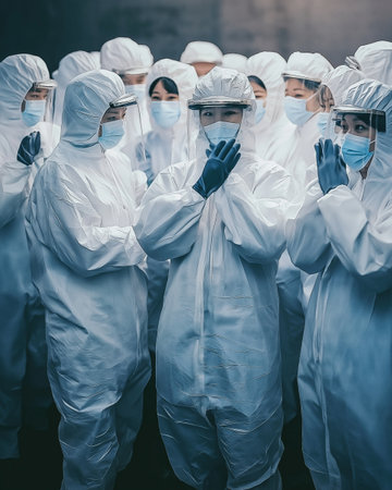 group of medical workers in protective suits and masks standing in a rowの素材