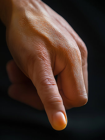 Close-up of a human hand on black background, shallow depth of fieldの素材
