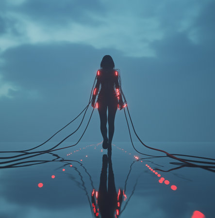 Futuristic female figure with glowing neon lights. 3d renderingの素材