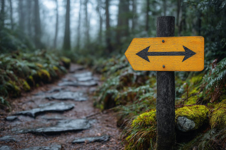 Directional signpost in the forest on a foggy dayの素材
