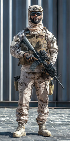 Portrait of a soldier with assault rifle on the background of the buildingの素材
