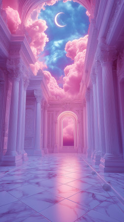 3d illustration of fantasy portal with columns, moon and cloudy skyの素材