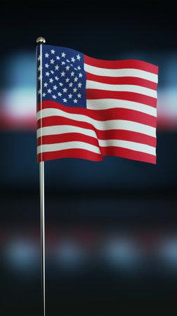 3D rendering United States of America flag on a flagpole on a blurred backgroundの素材