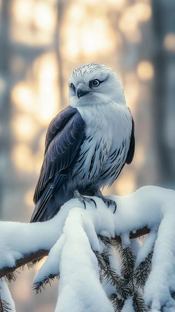 Snowy owl sitting on a branch of a tree in winter.の素材