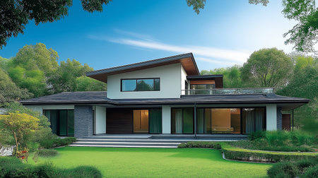 3d rendering of modern cozy house in chalet style with garage and pool for sale or rent with wood plank facade. Clear sunny summer day with blue sky.の素材