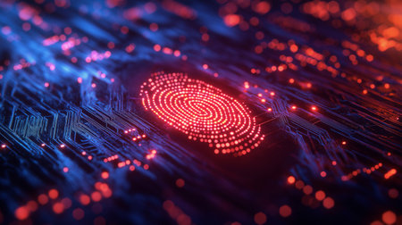 Fingerprint on electronic circuit. Biometric security concept. 3D Renderingの素材