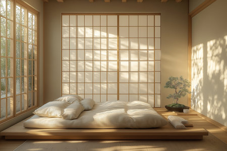 Japanese style bedroom interior design,3d rendering. Bedroom in Japanese style.の素材
